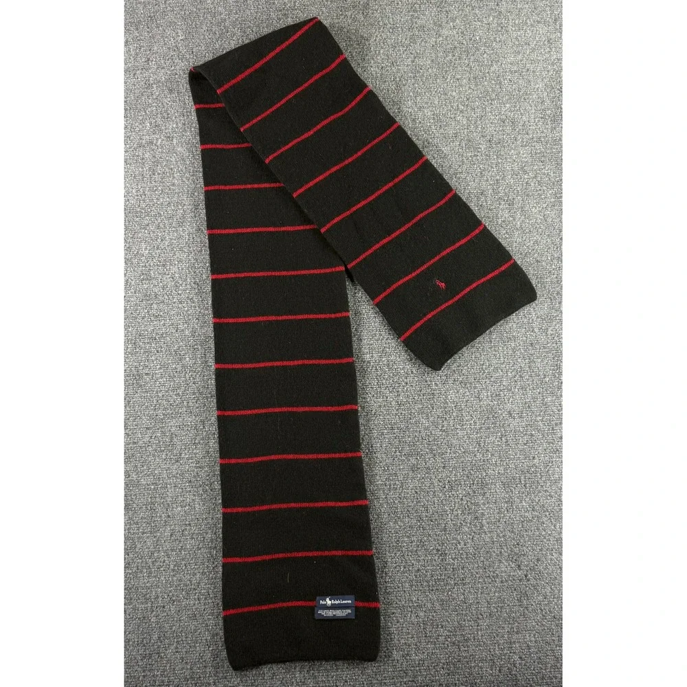 Polo Ralph Lauren Scarf Black Red Striped 100% Lambswool Knit Pony Logo‎ Mens